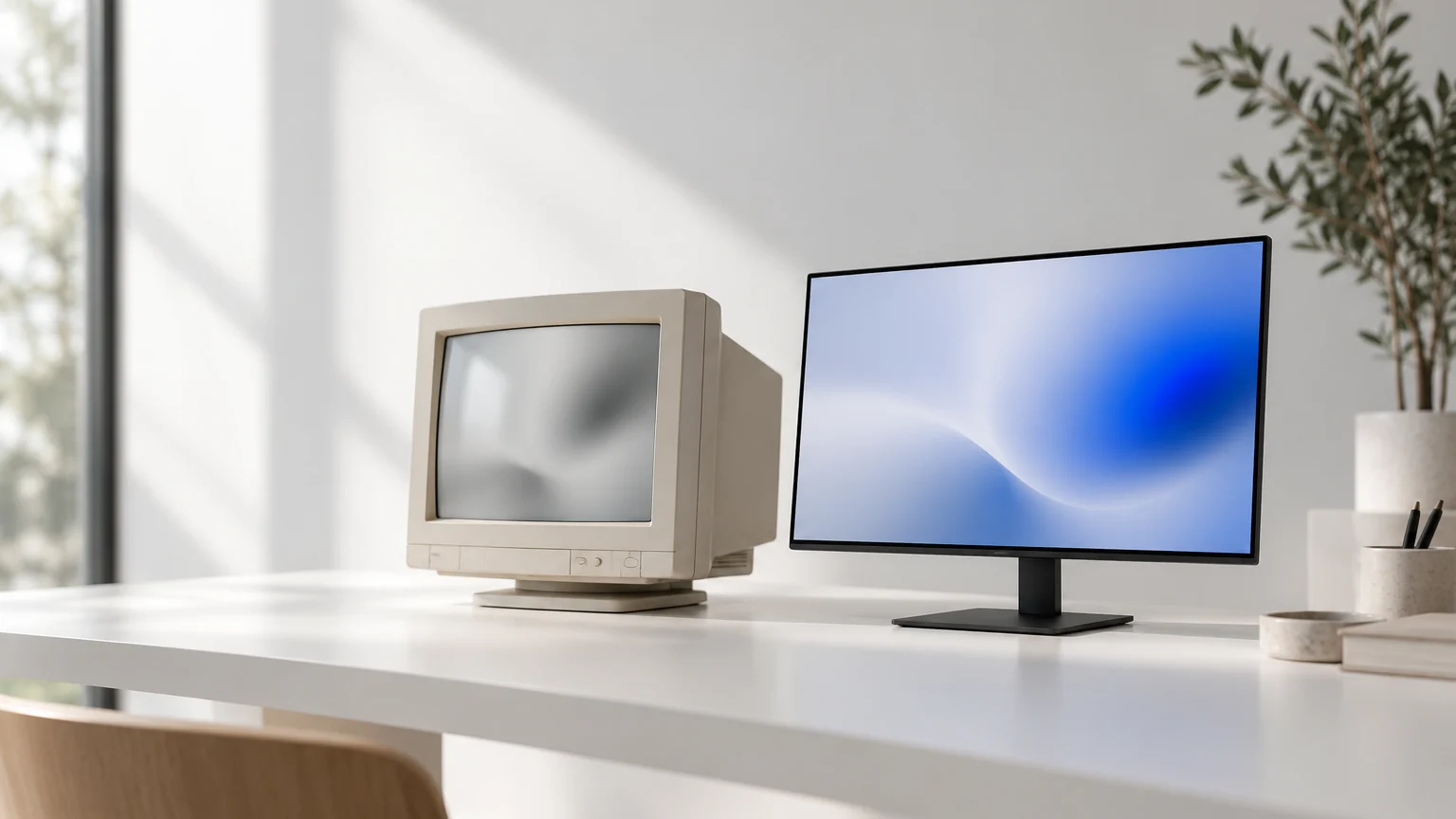 Un vieil écran beige à côté d'un écran noir moderne et fin illustrant la refonte d'un site web