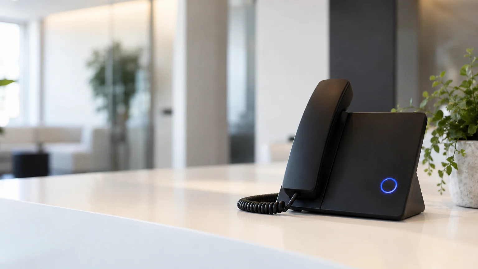 Téléphone de bureau noir avec un anneau lumineux bleu sur un comptoir blanc d'un bureau moderne, vu de face