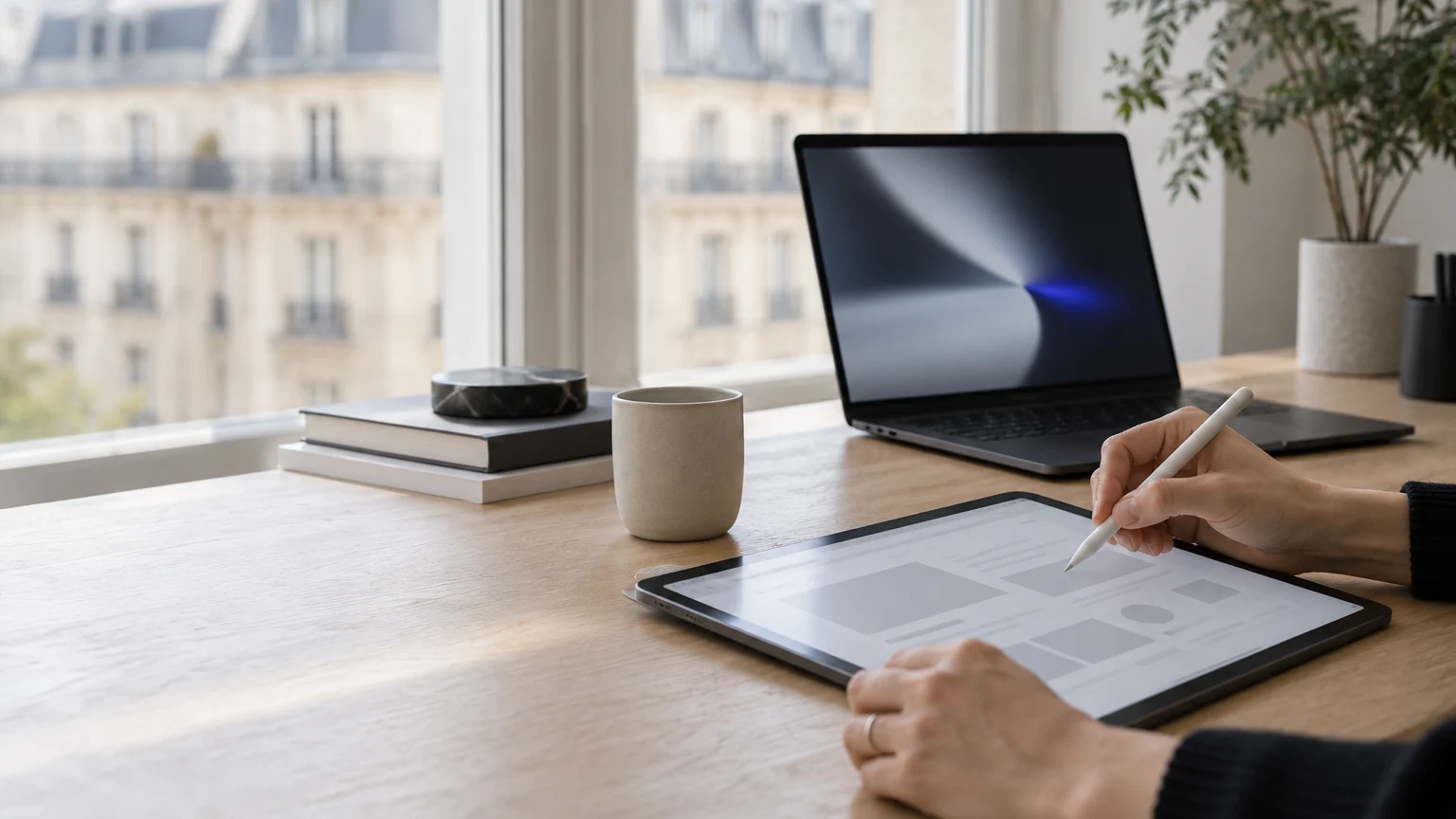 Mains qui dessinent la maquette d'un site web sur une tablette près d'un ordinateur portable dans un bureau lumineux à Paris