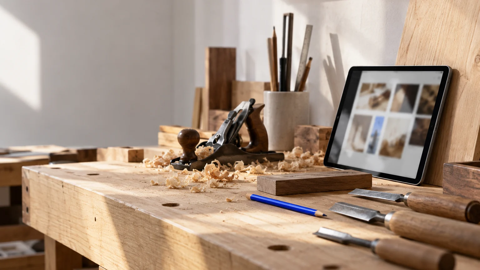 Établi d'artisan en chêne clair avec des outils et une tablette affichant des vignettes floues