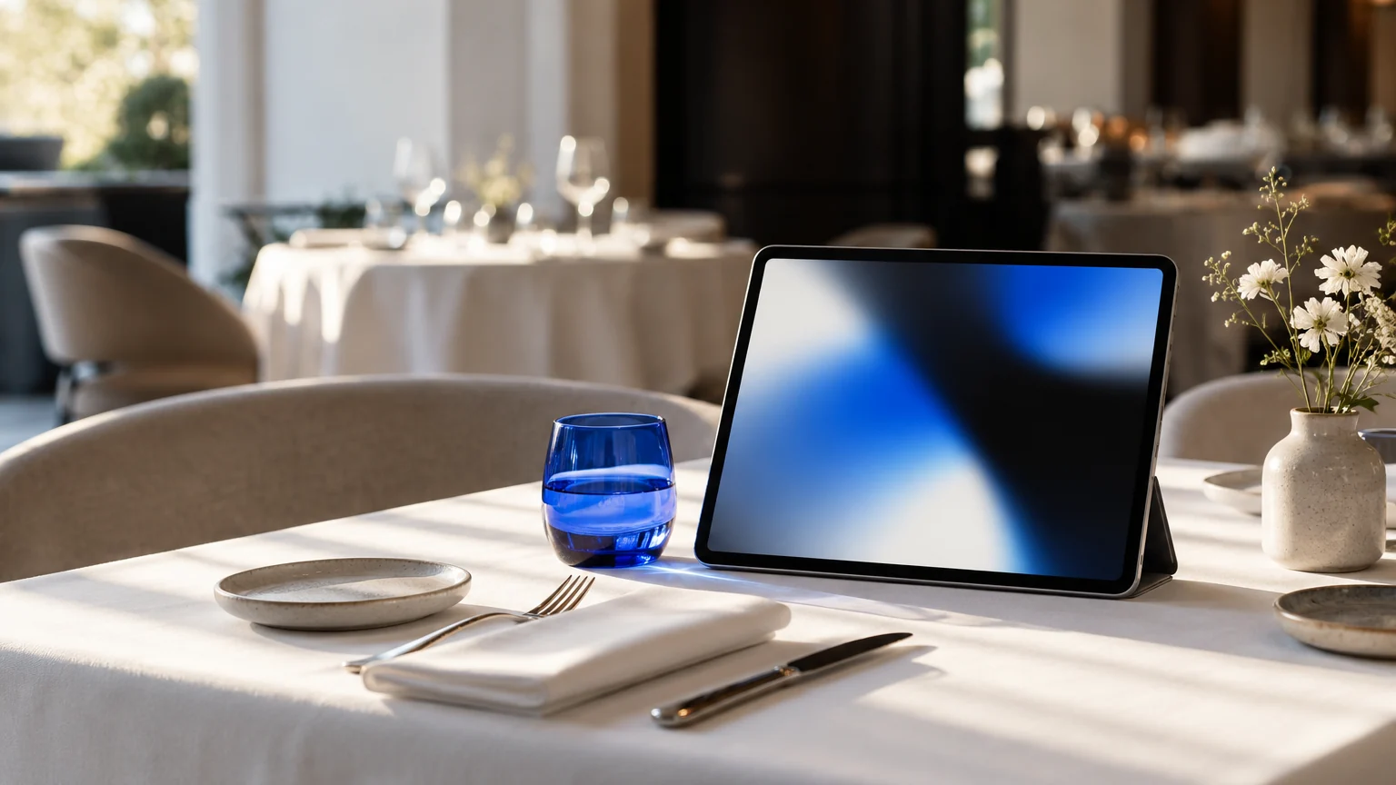 Table de restaurant dressée avec une tablette affichant une interface floue et un verre d'eau bleu
