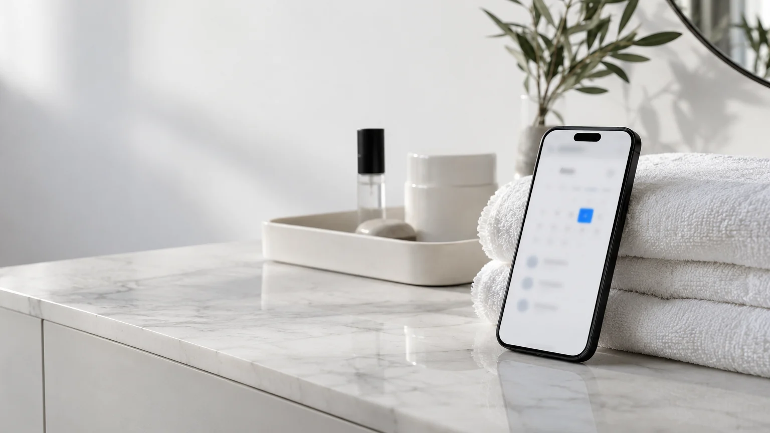 Comptoir blanc d'un salon de beauté avec un smartphone affichant un écran de réservation flou