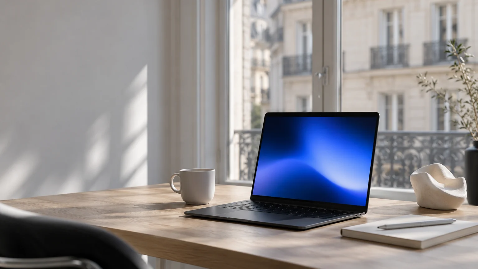 Bureau lumineux d'un studio de design web à Paris avec un ordinateur portable noir et une lumière bleue