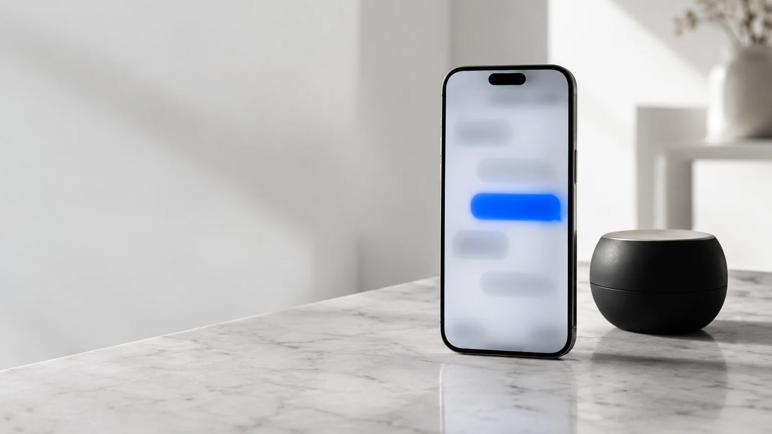 Smartphone debout sur une pierre blanche affichant une conversation floue avec une lueur bleue