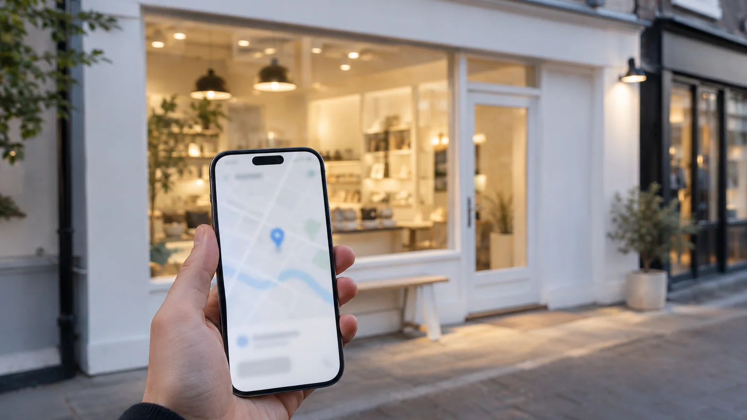 Vitrine d'un petit commerce de quartier et une main tenant un smartphone avec une carte floue et une épingle bleue