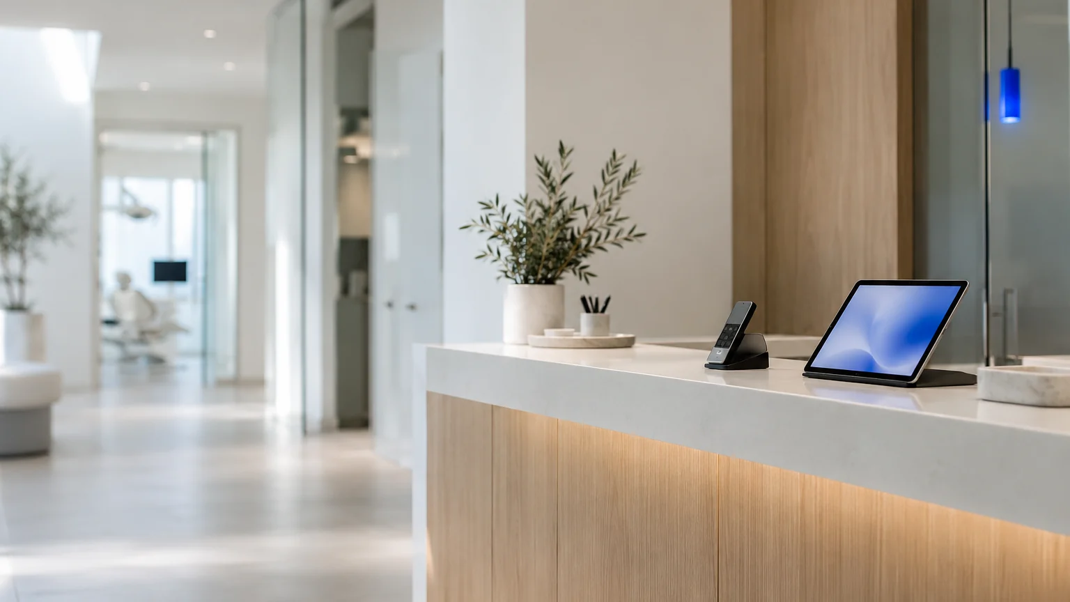 Accueil lumineux d'un cabinet dentaire moderne avec un combiné et une tablette