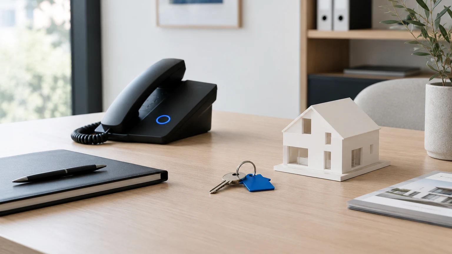 Bureau d'agence immobilière avec un téléphone, des clés à étiquette bleue et une petite maquette de maison