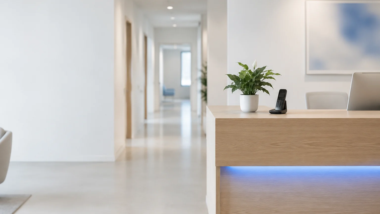 Accueil lumineux d'un cabinet médical avec un combiné et une plante