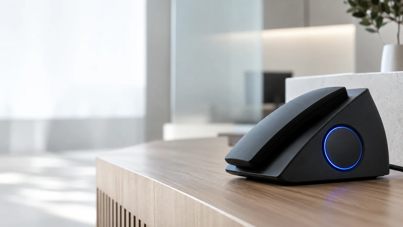 Téléphone de bureau noir avec un anneau lumineux bleu sur un comptoir d'accueil en chêne clair
