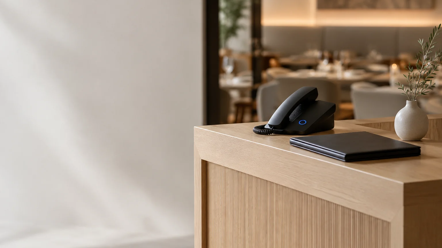 Pupitre d'accueil de restaurant avec un téléphone noir à anneau lumineux bleu