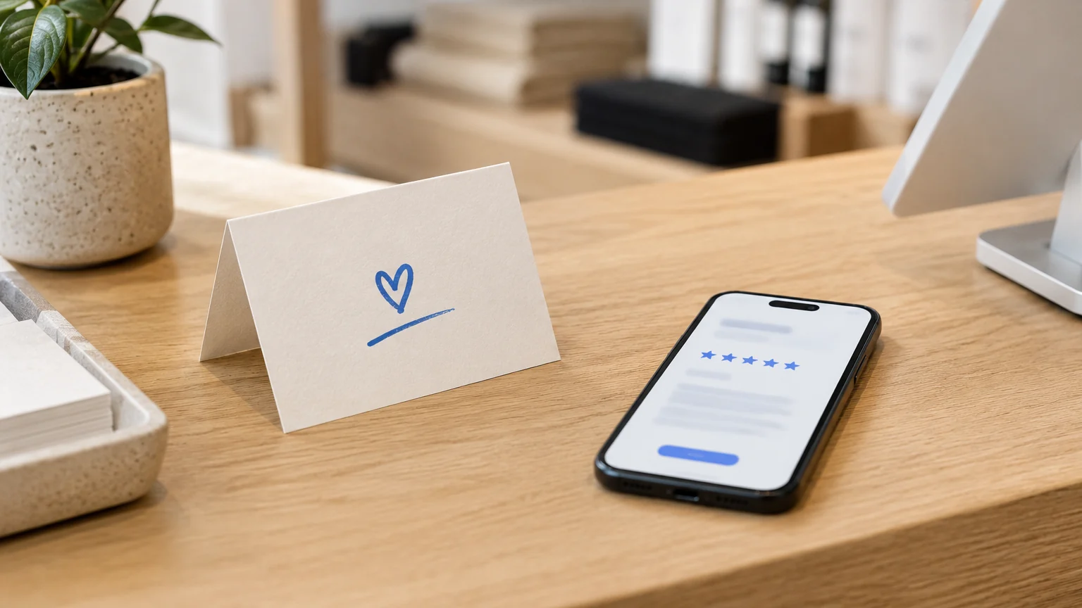 Comptoir de petit commerce avec une carte de remerciement et un smartphone affichant des étoiles floues bleues
