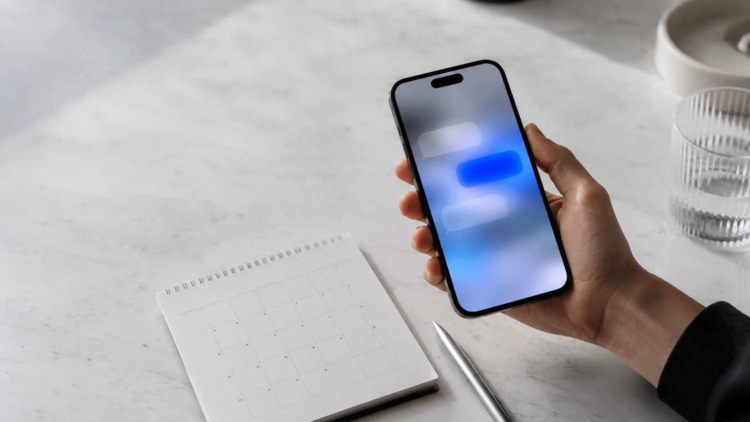 Main tenant un smartphone avec des bulles de discussion floues et une lueur bleue, à côté d'un petit calendrier papier