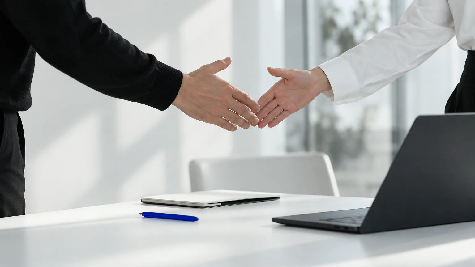 Deux mains sur le point de se serrer au-dessus d'une table blanche avec un ordinateur et un carnet