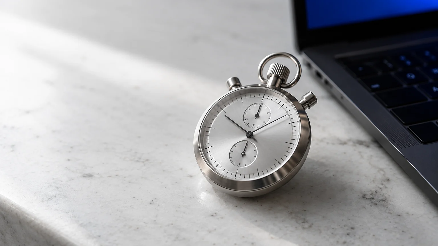 Chronomètre en acier brossé posé près d'un ordinateur portable éclairé de bleu