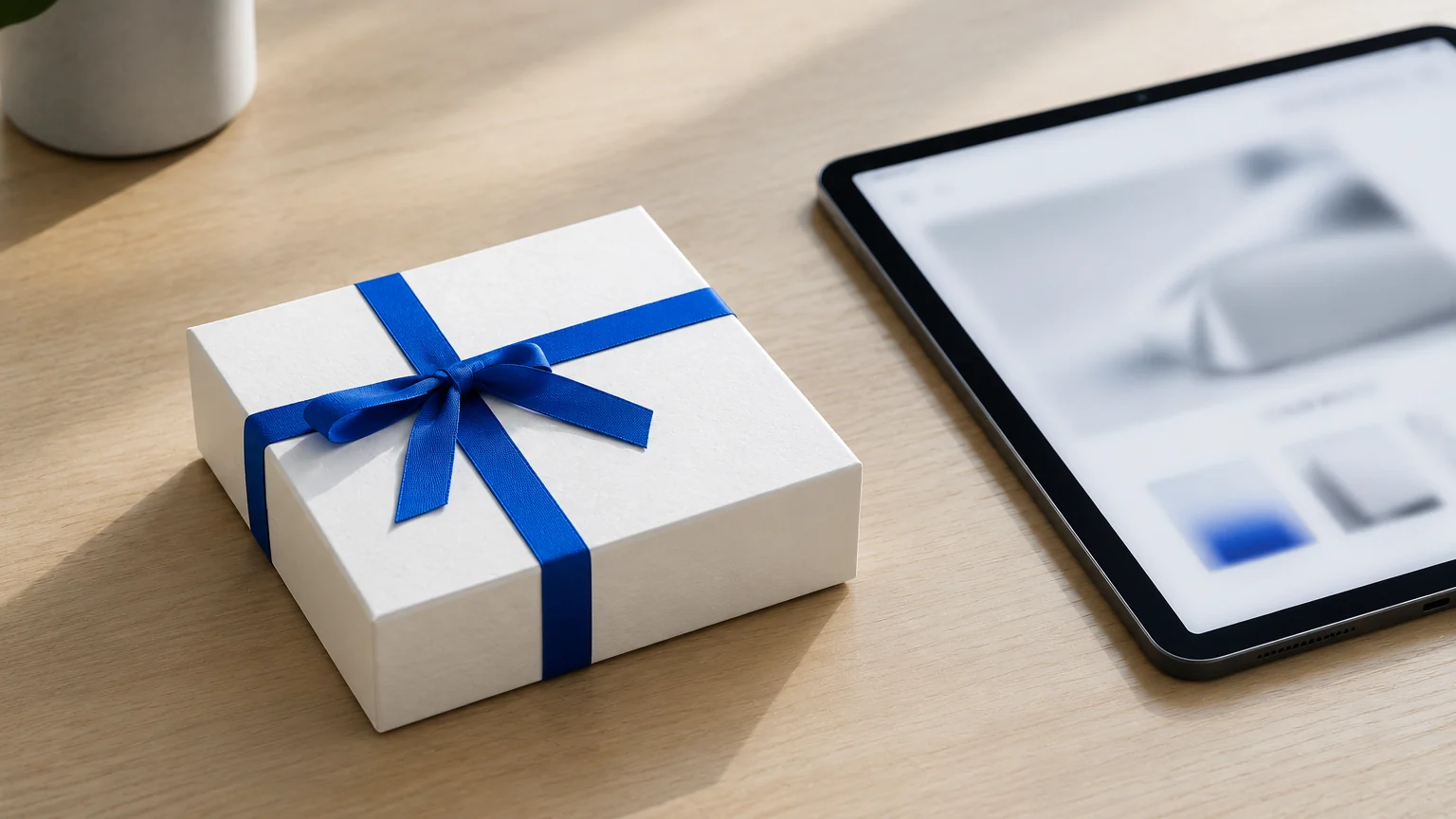 Boîte produit blanche à ruban bleu près d'une tablette affichant une fiche produit floue
