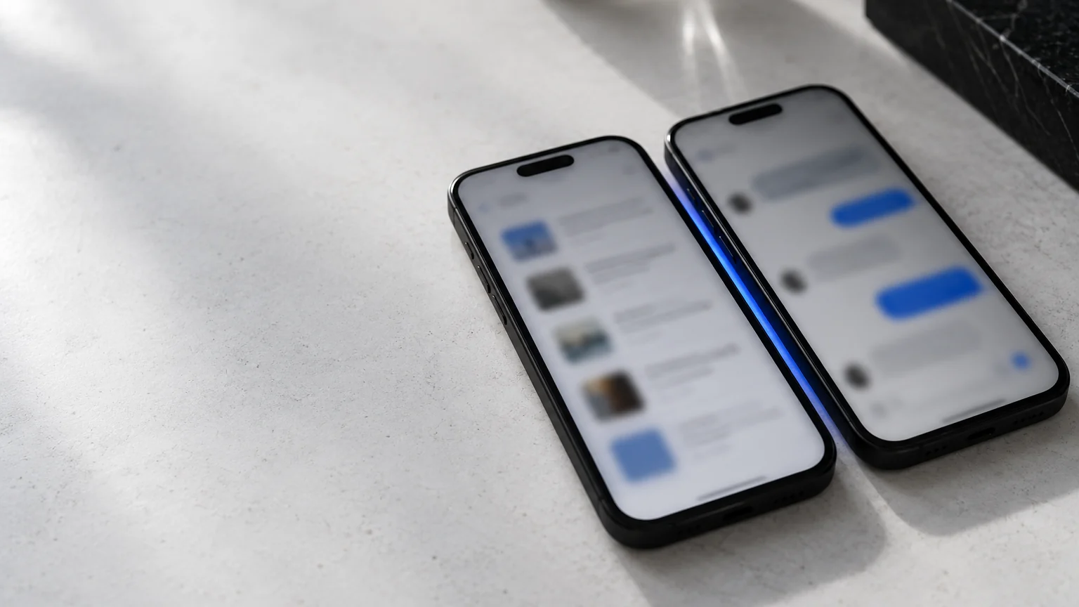 Deux smartphones noirs côte à côte, l'un avec des résultats de recherche flous et l'autre avec une conversation floue