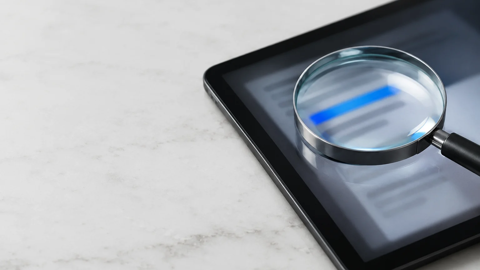 Loupe en verre posée sur une tablette noire avec des blocs de texte flous et un surlignage bleu