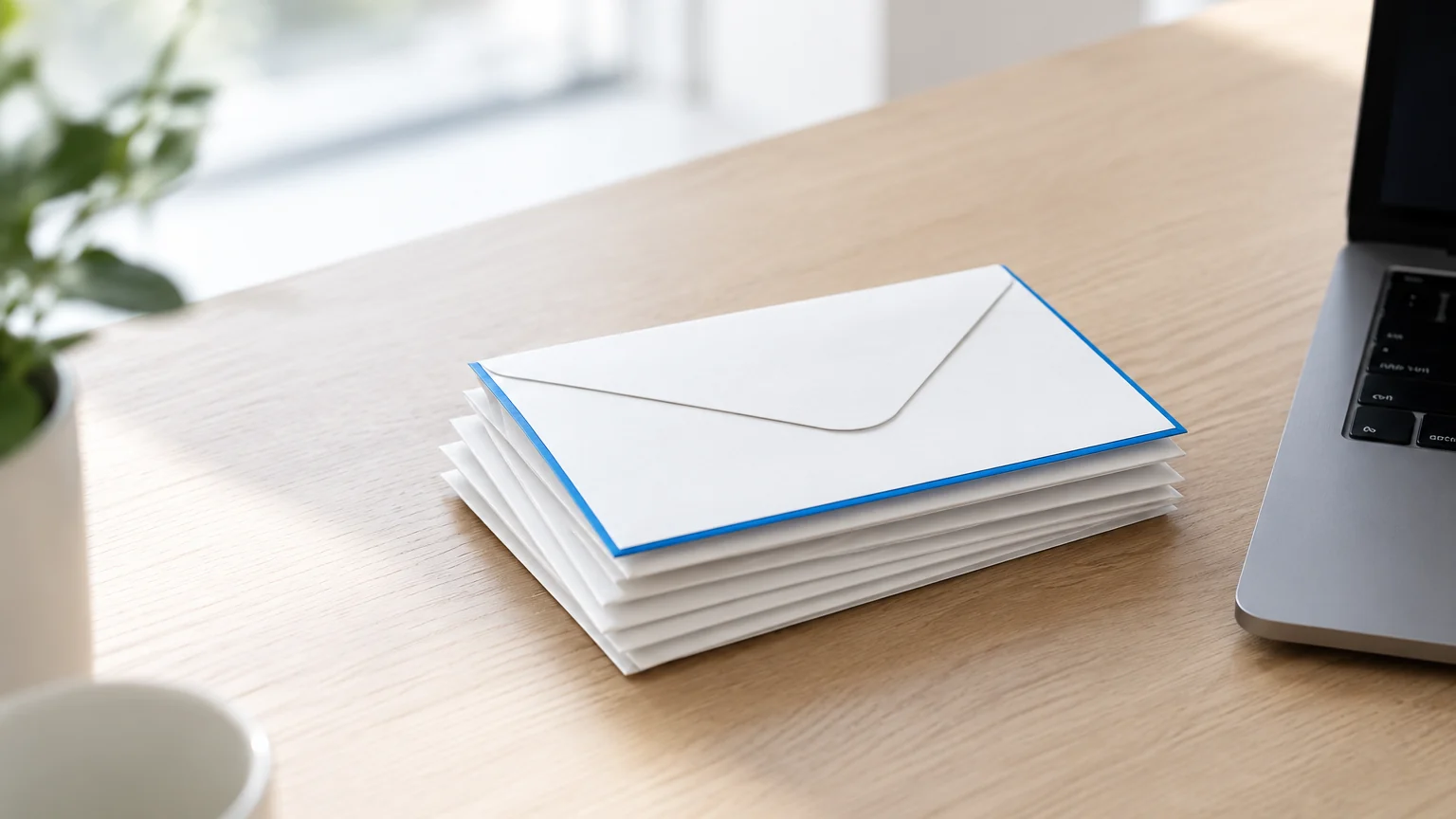 Pile d'enveloppes blanches dont une à bord bleu près d'un ordinateur portable