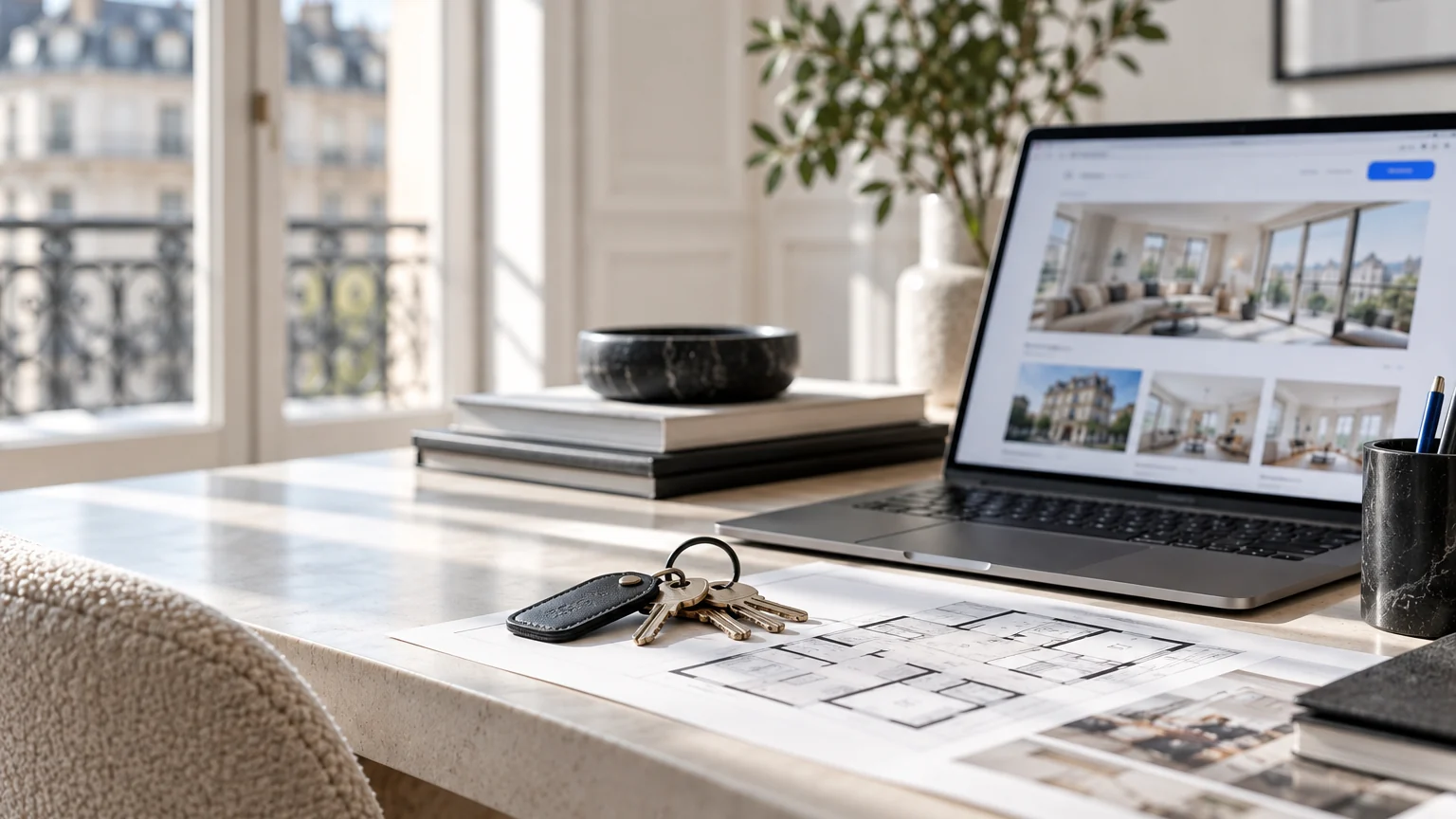 Bureau d'agence immobilière avec clés, plan d'appartement et ordinateur portable affichant des annonces en ligne