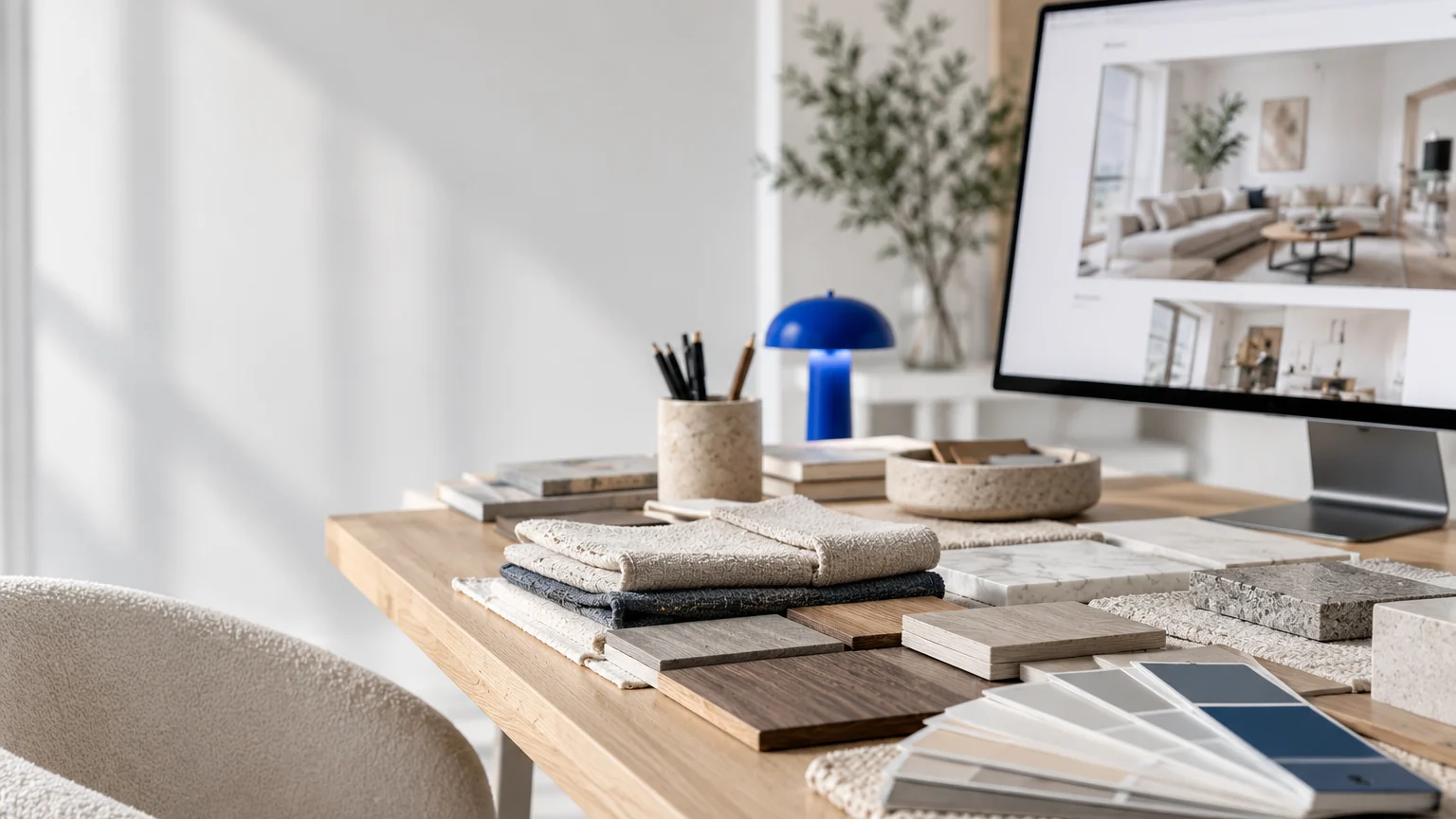 Table d'architecte d'intérieur avec échantillons de matières et un écran affichant un portfolio en ligne