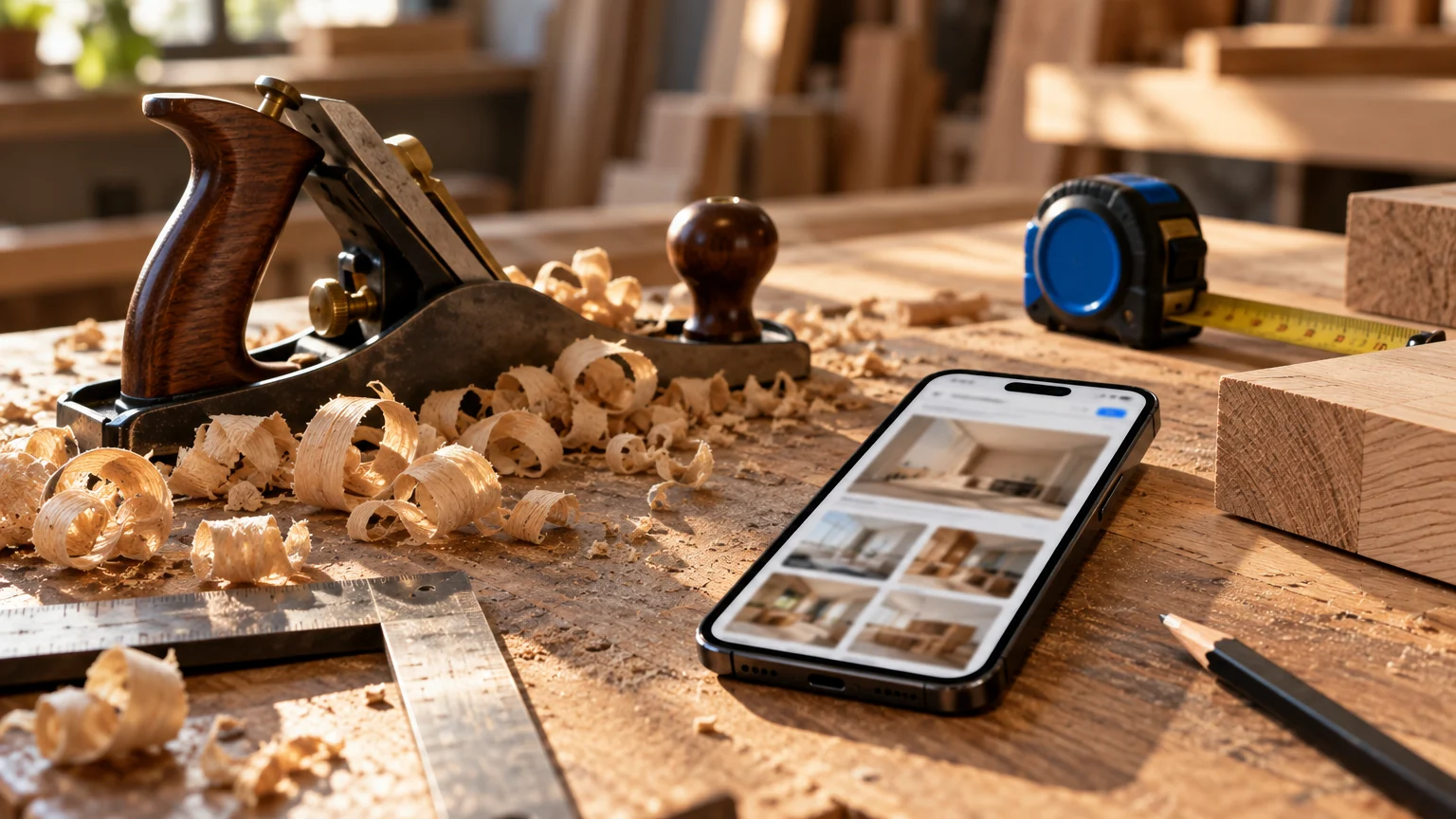 Établi de menuisier avec copeaux et rabot, un smartphone affiche la galerie de réalisations d'un site web