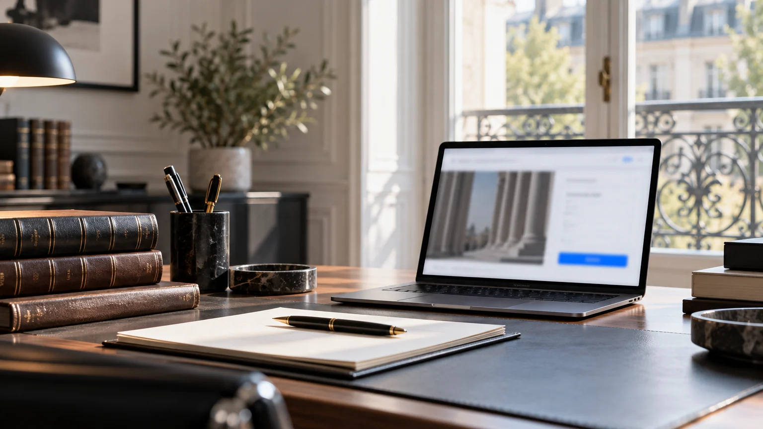 Bureau d'avocat avec livres reliés, stylo plume et ordinateur portable affichant un site avec formulaire de contact
