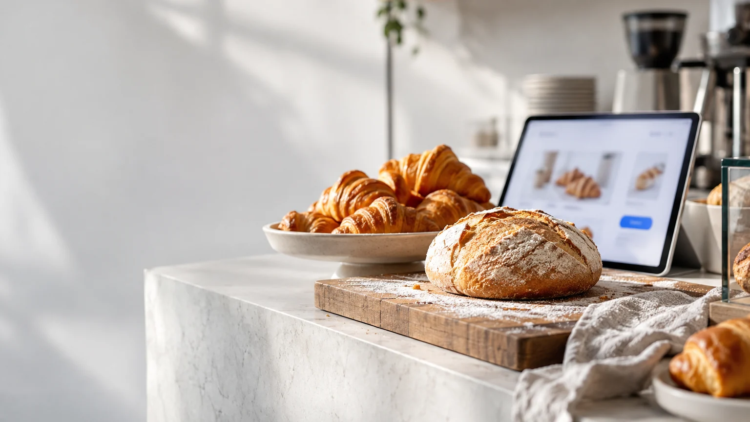 Comptoir de boulangerie avec croissants et pain sur une planche, une tablette affiche un site avec commande en ligne