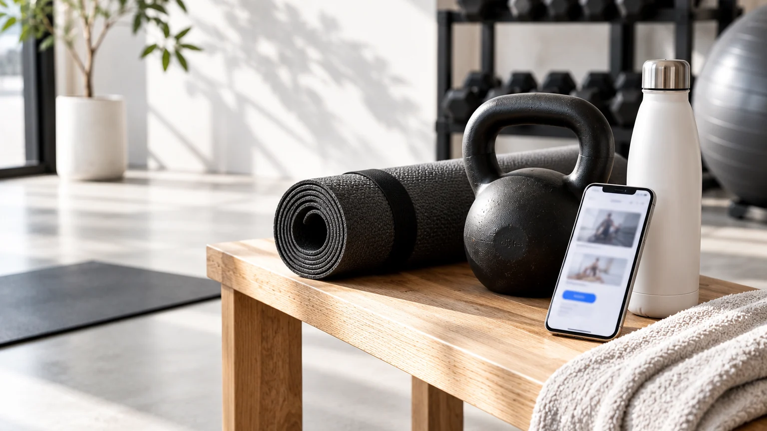 Coin de salle de sport avec kettlebell et tapis de yoga, un smartphone affiche un site de réservation de cours