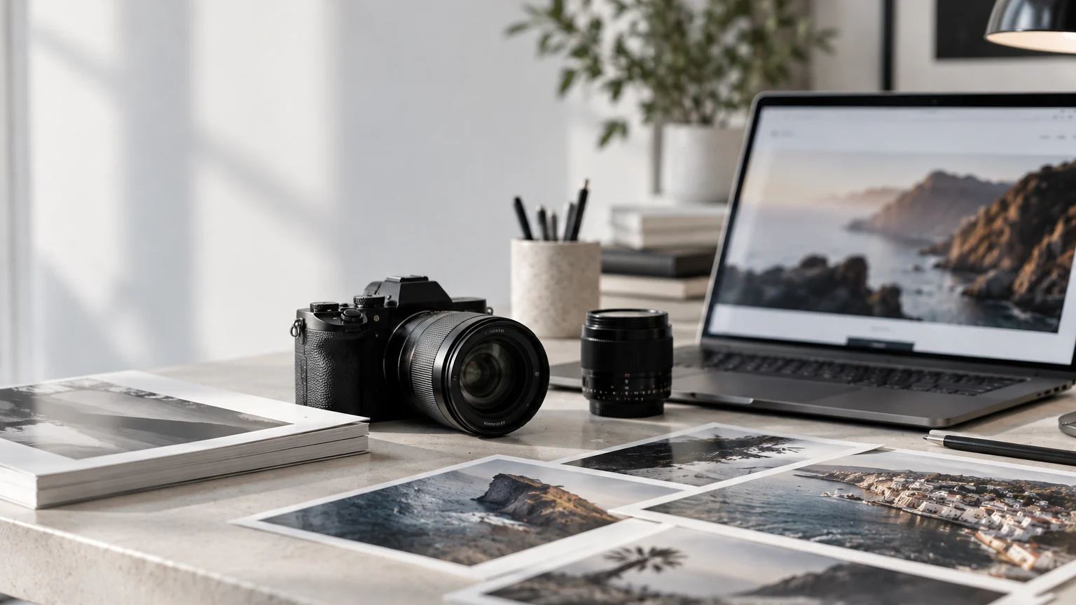 Bureau de photographe avec appareil photo, tirages et ordinateur portable affichant un portfolio en plein écran