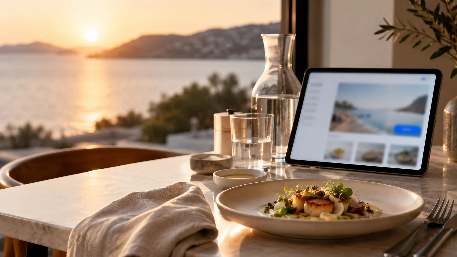 Table de restaurant près d'une fenêtre avec une assiette et une tablette affichant un site avec menu et bouton de réservation