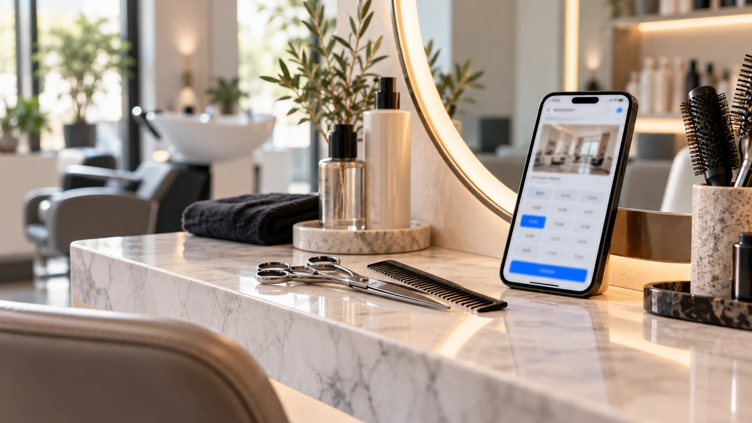 Poste de coiffure avec miroir, ciseaux et peignes, un smartphone affiche un site de réservation avec des créneaux