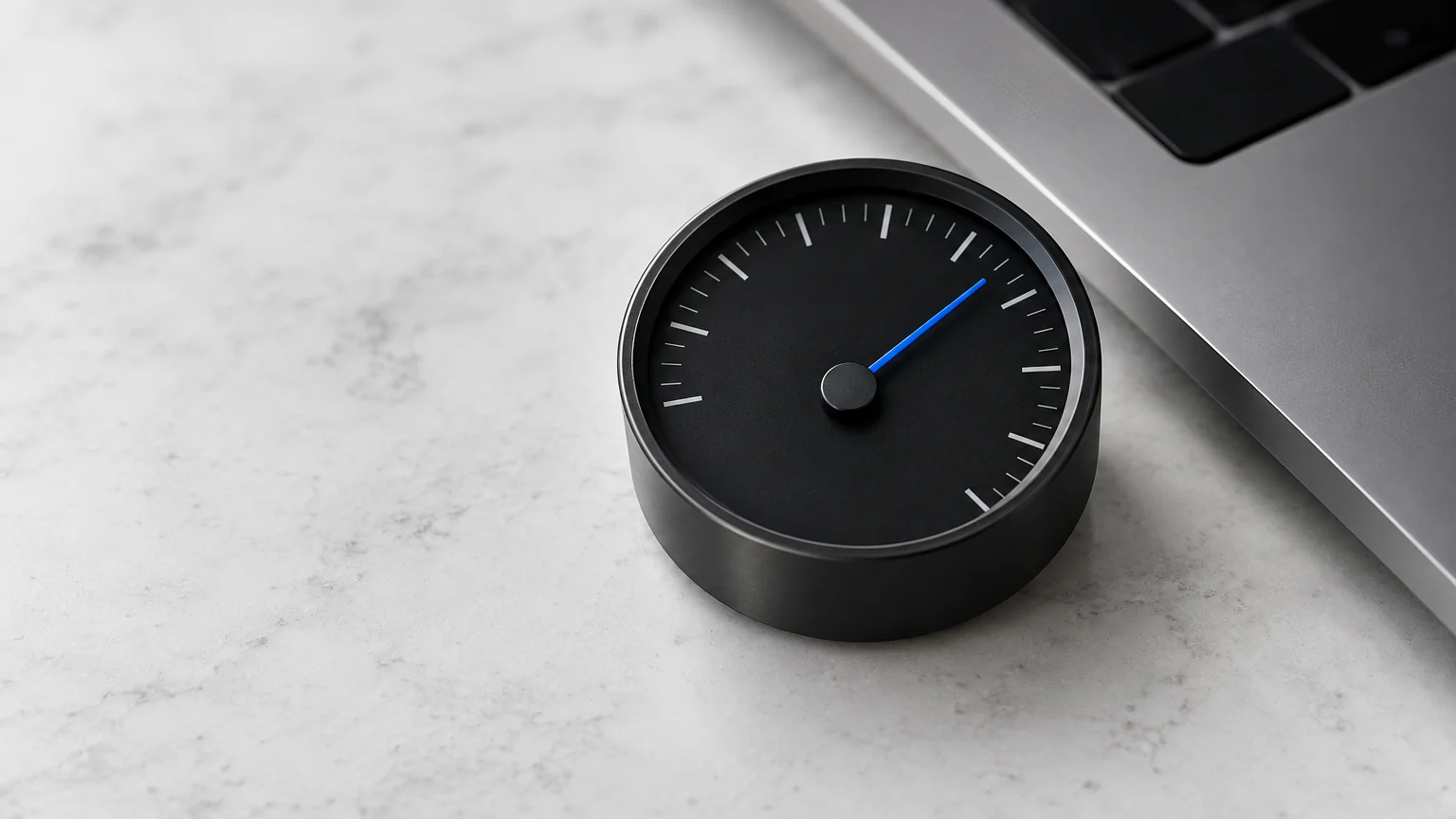 Compteur noir à aiguille bleue posé près d'un ordinateur portable