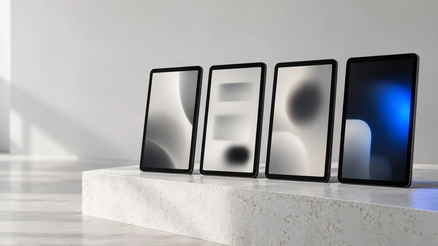 Quatre tablettes noires alignées affichant des mises en page floues différentes dont une avec une lueur bleue