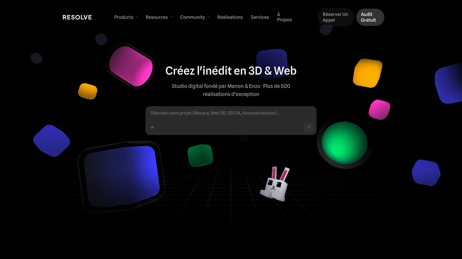 Re:solve agency: our 3D home page, colourful shapes floating around the title