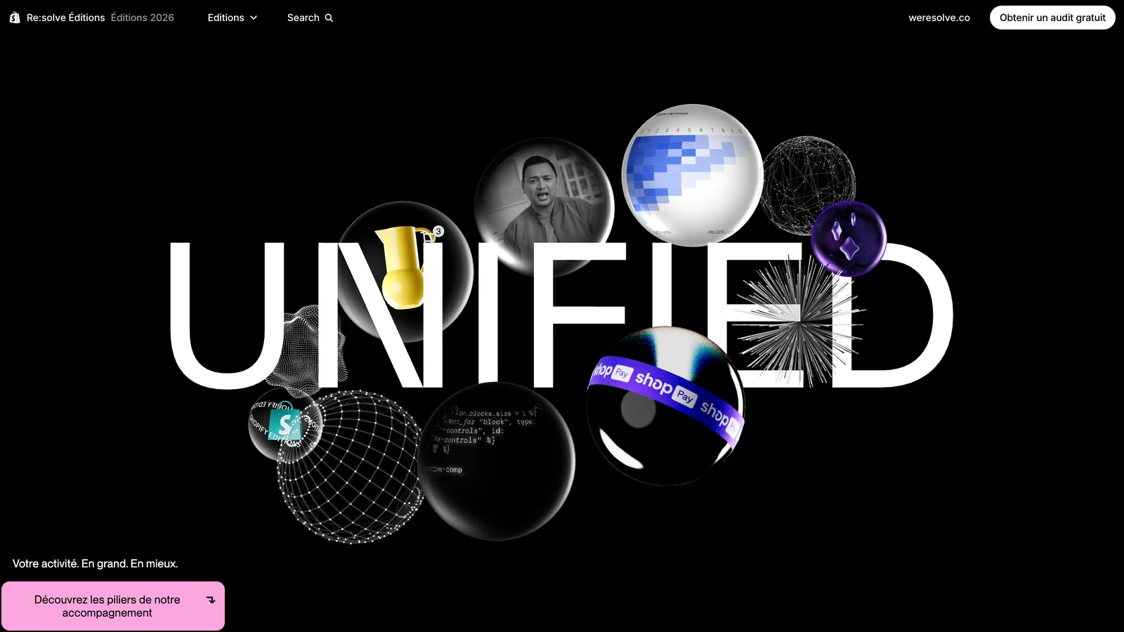 Re:solve agency: our Editions 2026 page, the word UNIFIED surrounded by 3D spheres
